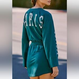 NWT ANTHROPOLOGIE DAILY PRACTICE MINI DRESS LG GREEN LONG SLEEVE GRAPHIC PARIS